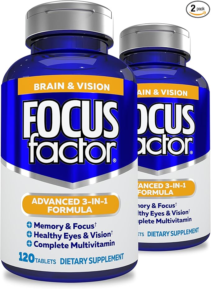 Focus Factor Adults Brain and Vision Supplement, 120 Count - Eye Vitamin, Mineral Supplement & Complete Multivitamin w/Lutein & Zeaxanthin – Brain Supplement for Focus, Concentration, Memory