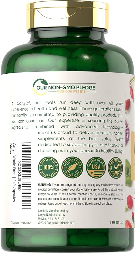 Carlyle Vitamin B Complex Whole Foods Blend | 240 Capsules | with B1, B2, B6, B12, Biotin, Niacin, and Methylfolate | Vegetarian, Non-GMO & Gluten Free Supplement