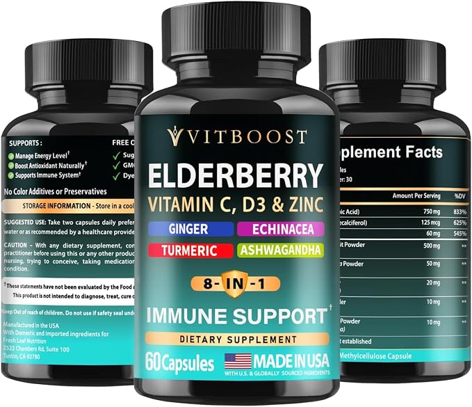 2 Pack Elderberry Immune Support Supplement 8-in-1 Formula with Echinacea, Vitamin C & Zinc, Vitamin D 5000 IU, Turmeric, Ginger, Ashwagandha – 60 Capsules Each