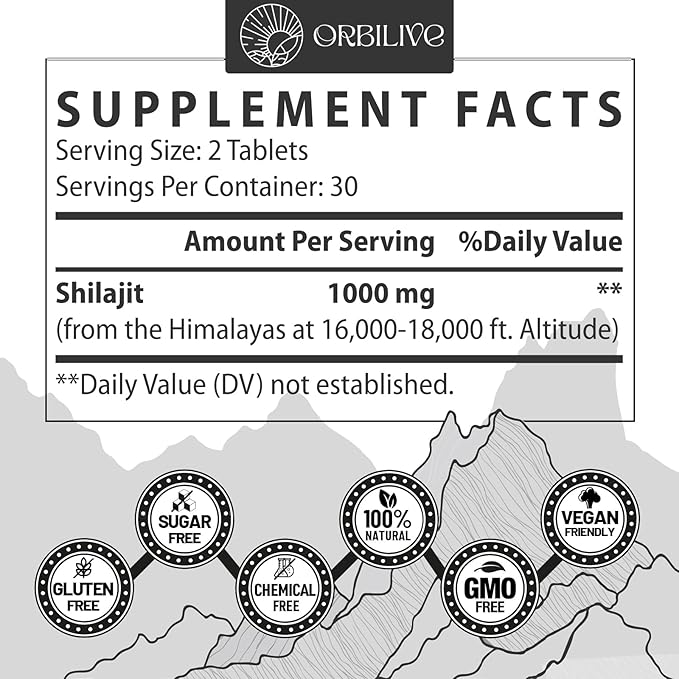 Shilajit Tablets 1000 MG, 100% Himalayan Organic, Shilajit Supplement Rich in Fulvic Acid & 85+ Trace Minerals for Men and Women, Energy & Immune System, 60 Count