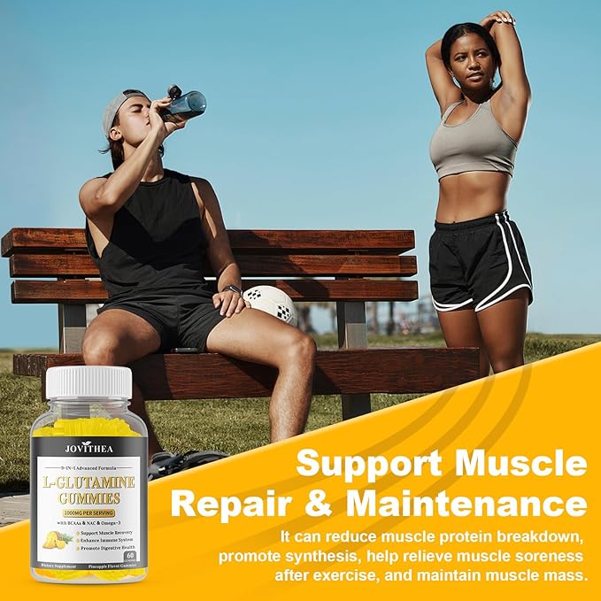 L-Glutamine Gummies 1000mg, Glutamine Supplement for Women & Men, with BCAAs, Magnesium & NAC, Support Gut, Muscle Health & Immunity, Vegan, Non-GMO, Gluten Free, Keto Friendly,Pineapple Flav, 60Ct