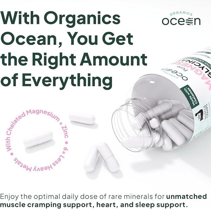 Organics Ocean Pure Magnesium Glycinate with Zinc - Maximum Strength Chelated Magnesium Supplement for Women and Men for Muscle Cramps and Sleep Support - 2 Bottles