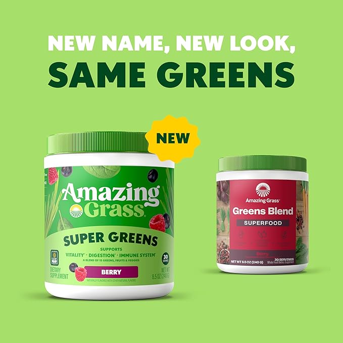 Amazing Grass Greens Superfood Powder: Greens Powder with Digestive Enzymes & Probiotics,Organic Spirulina,Chlorella,and Beet Root Powder,Berry,30 Servings (Packaging May Vary),(Pack of 2)