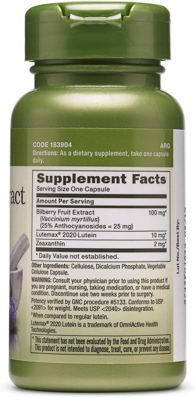 GNC Herbal Plus Bilberry Extract and Lutein Supplement, Vegetarian, Supports Eye and Vision Health, 60 Servings