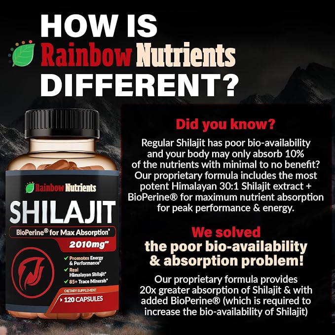 Pure Himalayan Shilajit Capsules Supplement (2,010mg + Absorption Enhancer+50% Fulvic Acid) Natural 30:1 Shilajit with 85+ Trace Minerals for Energy, Performance, Immune Support| Non GMO| 120 Pills