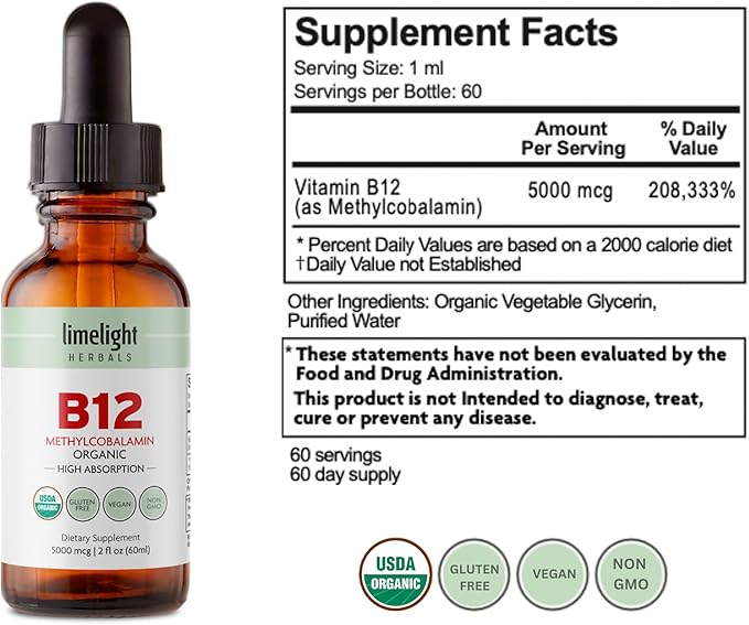 USDA Organic Vitamin B12 Liquid Drops 5000 mcg, Methylcobalamin, Sublingual, Fast Absorption, Cellular Energy, Metabolism Support, Nervous System, Mental Focus, Vegan, Non-GMO, 2 fl oz, 60 Servings