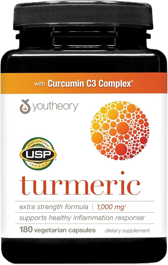 Youtheory Turmeric Extra Strength - 1,000 mg - Supports Muscle & Joint Health* - Contains Bioenhancers, Curcuminoids & Herbal Extracts - USP Verified - 180 Vegetarian Capsules (90-Day Supply)