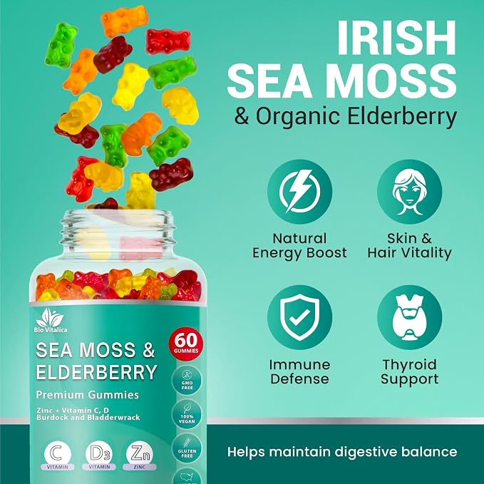 BIO VITALICA Irish Sea Moss Gummies with Elderberry – USA Made Vegan Gummies with Vitamin C, D & Zinc – Immune Support Supplement with Bladderwrack & Burdock Root for Adults & Kids – 5 Pack