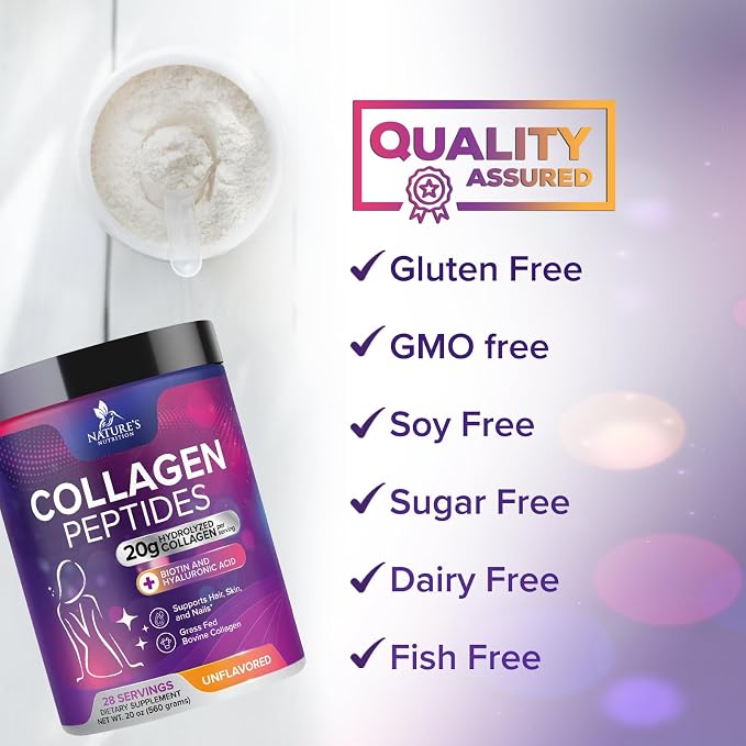 Collagen Peptides Powder - Hydrolyzed Type 1 & 3 Collagen Peptides 20g per Serving with Hyaluronic Acid & Biotin - Vital Nail, Skin & Joint Support - No Sugar, Unflavored, Bottled in USA - 28 Servings