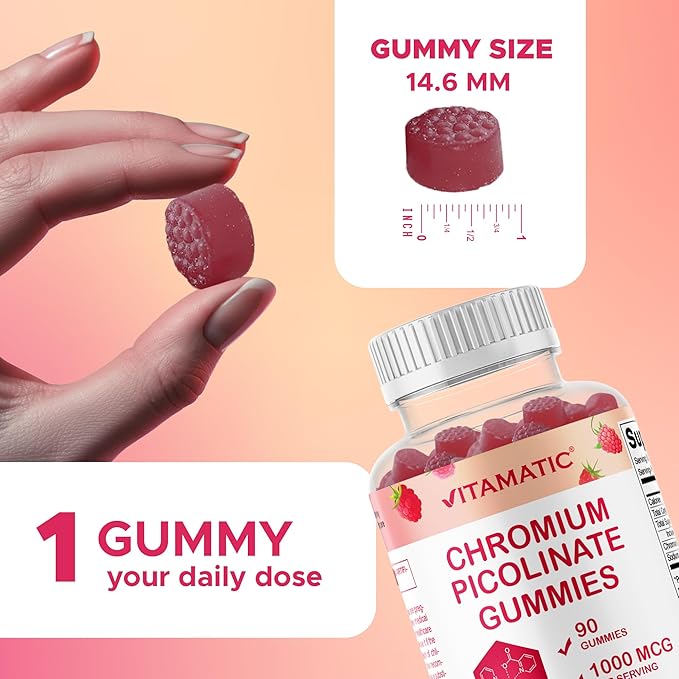 Vitamatic Chromium Picolinate 1000 mcg - 90 Gummies - High Potency Chromium - Raspberry Flavor