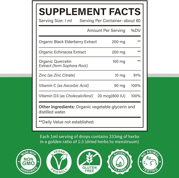 Zinc Quercetin Vitamin C D3 Liquid Immune Support with Organic Echinacea Elderberry, Immune Defense Drops Supplement for Adults- Vegan, Non-GMO, Gluten Free - 2 Fl Oz, 60 Servings