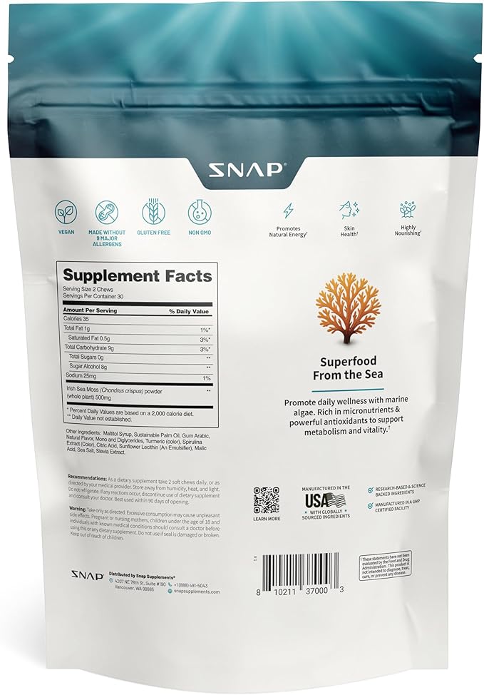 Snap Supplements Irish Sea Moss, Marine Algae Rich in Micronutrients & Antioxidants to Support Healthy Metabolism and Vitality, 60 Sugar-Free Soft Chews