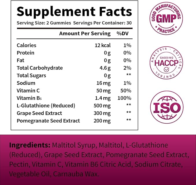 Glutathione Gummies with Collagen 500mg Vitamin C & B6 Skin Glow Hair & Nail Support Anti-Aging Antioxidant Sugar-Free Non-GMO Strawberry Flavor 60 Gummies (60 Count (Pack of 2))