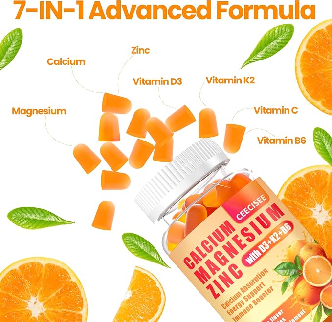 Calcium Magnesium Zinc Gummies with D3 &B6 &K2,1000mg Calcium Gummies with 300mg Magnesium Support Immune Energy for Adults and Teens,Sugar Free(120Count)