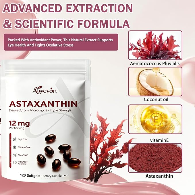 Astaxanthin Supplement 12mg Softgels, Natural Astaxanthin from Microalgae with MCT Oil for Absorption, Powerful Antioxidant Support for Skin Eye Heart Joint Health, Non-GMO Gluten Free, 120 Softgels