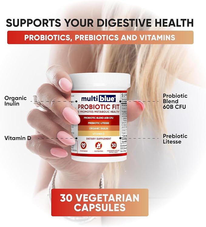 MultiBlue Probiotic Fit – Supports Natural GLP-1 & Appetite Control for Women & Men, Bifidobacterium B-420, Digestive & Gut Health, 10 Probiotic Strains, 60 Billion CFU, Prebiotic + Vitamin D3, 60ct