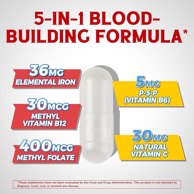 Iron Supplement for Women & Men, with Vitamins C, B6, B12 & Folate for Iron Deficiency, Blood Building & Energy Support, Stomach Friendly, Better Absorption, Non-GMO, No Gluten, 180 Vegan Caps