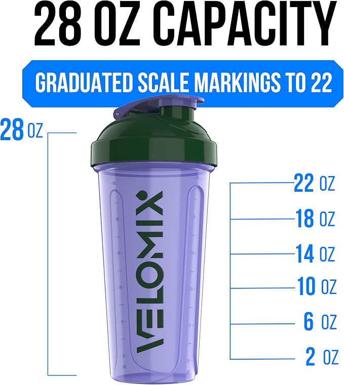 VELOMIX -2 Pack- 28 oz Protein Shaker Bottles for Protein Mixes - 2x Wire Whisk | Leak Proof Shaker Cups for Protein Shakes and Pre Workout | Protein Shaker Bottle Pack (C2) Green/Purple