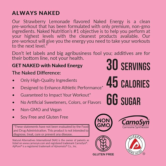 NAKED Strawberry Lemonade Energy - Clean Pre Workout Supplement for Men and Women, NSF Certified, Vegan Friendly, No Added Sweeteners, Colors Or Flavors - 30 Servings