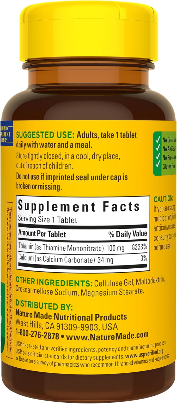 Nature Made Vitamin B1 100mg, Thiamine B1 Supplement for Energy Metabolism Support, 100 Tablets, 100 Day Supply