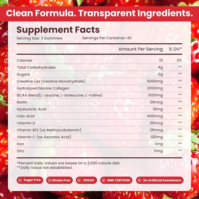 Creatine for Women,Creatine Monohydrate Gummies with Collagen+ BCAAs+Hyaluronic Acid+VitaminsC and b12,Sugar Free,Vegan,Supplement for Muscle,Skin, Hair & Nail Support, Mixed berry,120 Counts