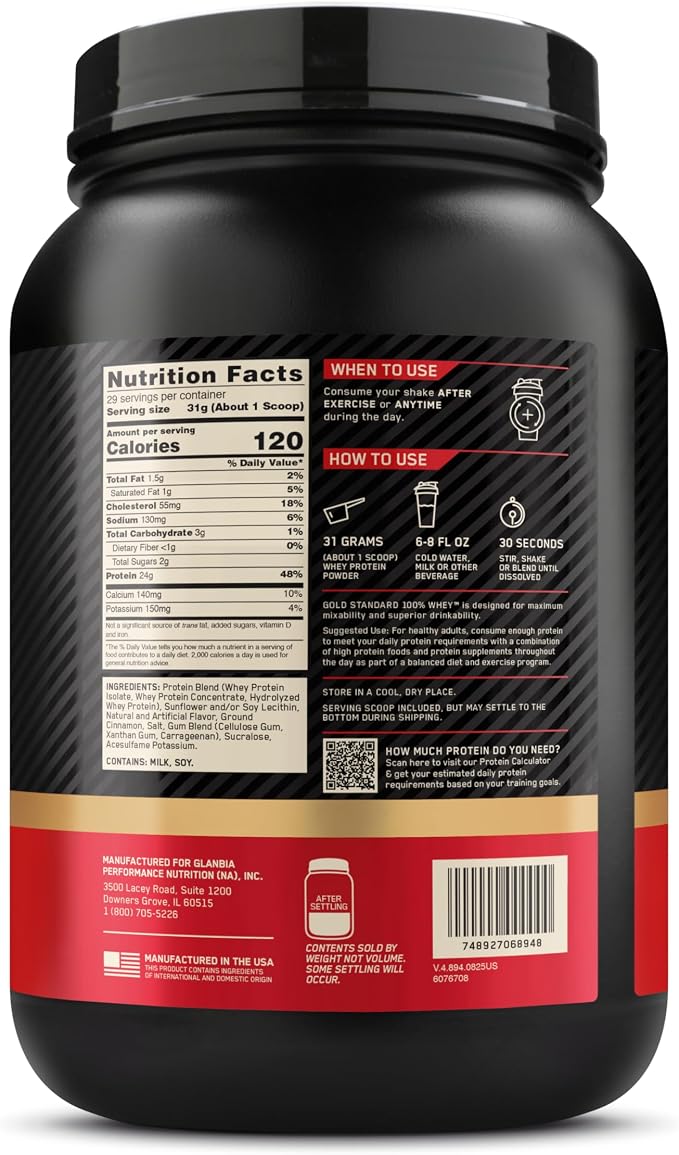Optimum Nutrition New Flavor Gold Standard 100% Whey Protein Powder, Cinnamon Roll, 2 Pound (Pack of 1) (Packaging May Vary)