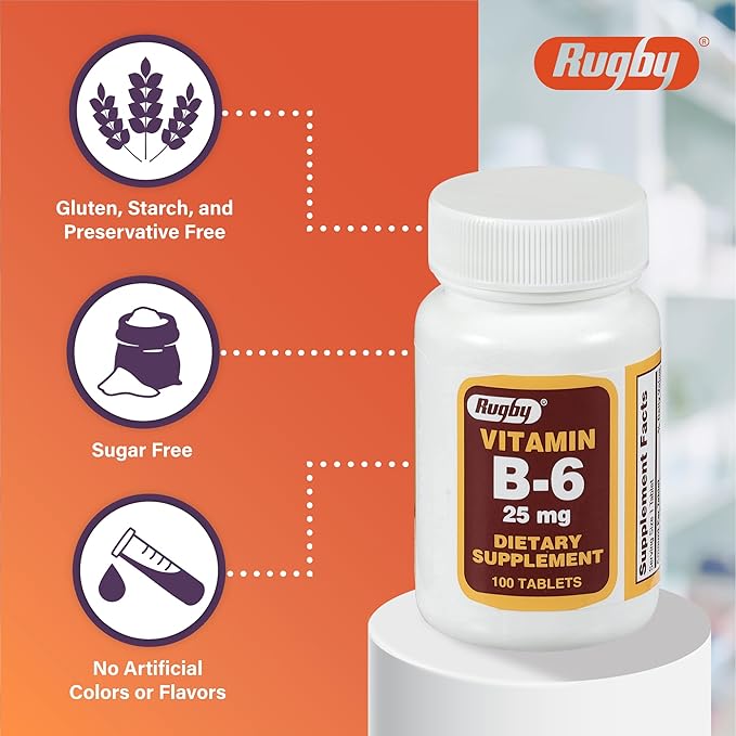 Rugby Vitamin B-6 Tablets - 25mg of Vitamin B6 - Dietary Supplement - 100 Count (1 Pack)