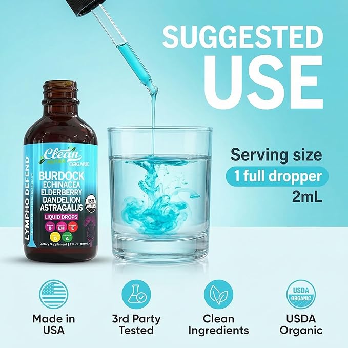 Organic Lymphatic Drainage Supplement | Lymphatic Support Drops | Burdock Root Echinacea Elderberry Dandelion Astragalus Milk Thistle Sea Moss Red Clover Cleanse Marigold Drop By Clean Nutra