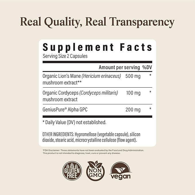 Real Mushrooms Lion’s Mane Focus Capsules (90 Count) – Organic Lions Mane Fruiting Body Extracts with 200mg Alpha GPC Choline for Mental Clarity & Daily Cognitive Function