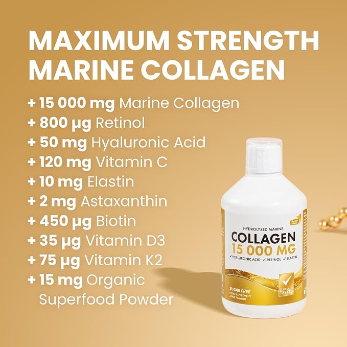 Swedish Nutra 3 x 15000 mg Liquid Marine Collagen Hydrolyzed Peptide (Type 1 & 3) | 60 Day Supply, 500 ml | Hyaluronic Acid, Biotin & Vitamins for Hair, Skin, Nails & Joints | Men & Women | Sugar Free