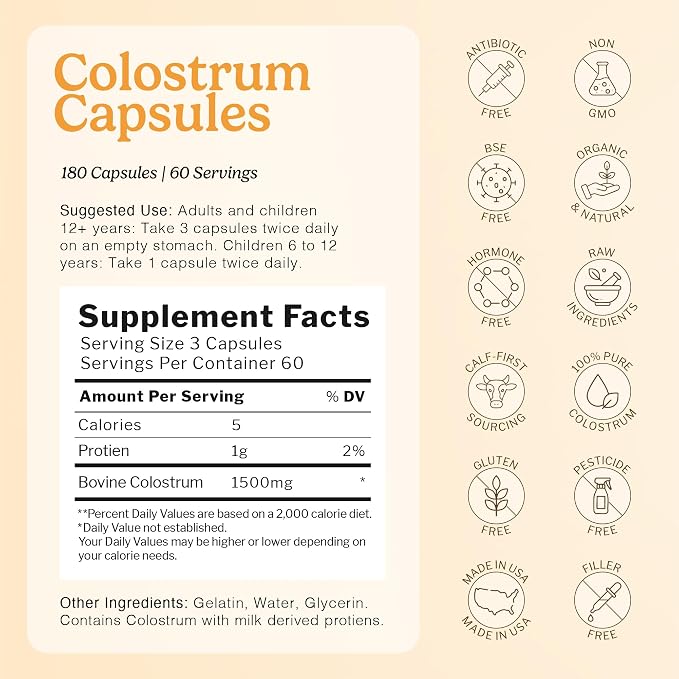 100% Pure Bovine Colostrum (Grass-Fed) | High IgG for Immune Support & Gut Health | Anti-Aging | Colostrum Supplement for Adults & Kids | 180 Capsules