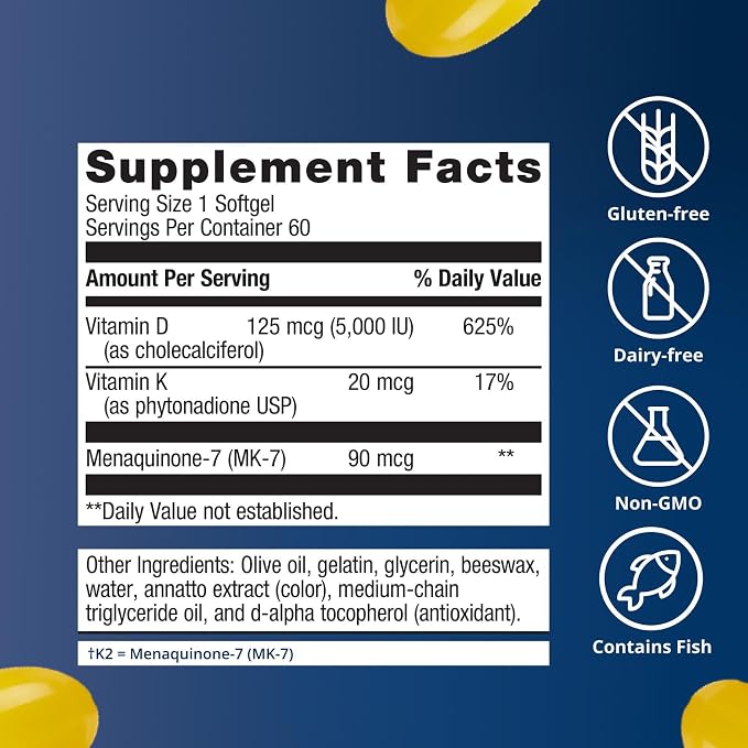 Metagenics Vitamin D3 + K - for Artery Health, Immune Support, Bone & Heart Health* - Vitamin D with MK-7 (Vitamin K2) - Non-GMO - Gluten-Free - 60 Softgels - 5,000 IU