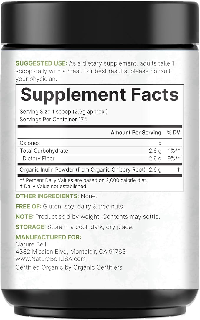 NatureBell Organic Inulin Prebiotic Fiber Powder, 1lb | Natural Chicory Root Source – Easily Mixes with Coffee or Smoothies – Fiber Supplement for Women & Men – Non-GMO, Vegan Friendly, Gluten Free
