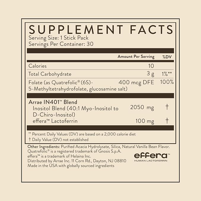 Arrae Inositol Supplement for Women - Supports Healthy Hormonal Balance, Regular Cycles, & Ovarian Health - 40:1 Myo & D-Chiro Raton with Lactoferrin & Folate - Vanilla Flavor - 30 Pack