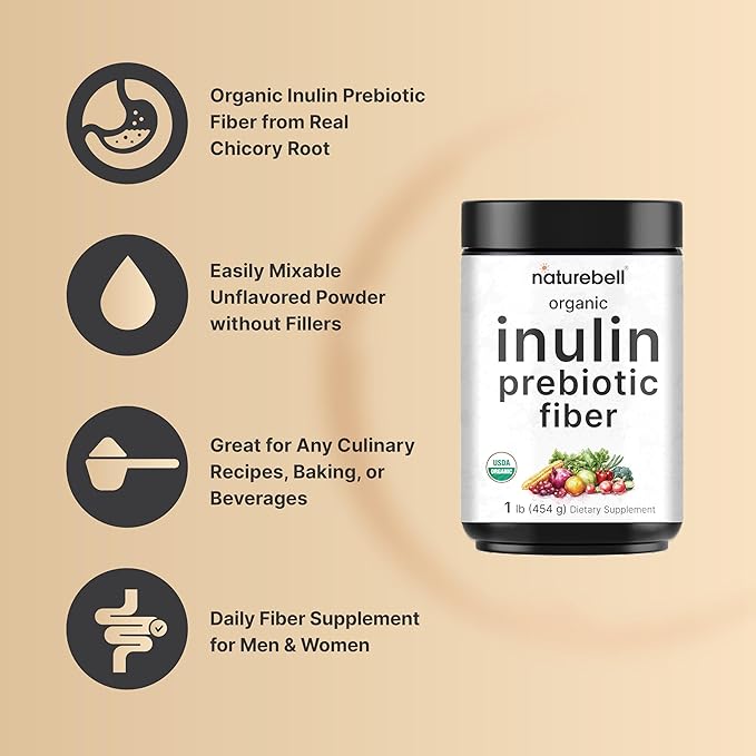 NatureBell Organic Inulin Prebiotic Fiber Powder, 1lb | Natural Chicory Root Source – Easily Mixes with Coffee or Smoothies – Fiber Supplement for Women & Men – Non-GMO, Vegan Friendly, Gluten Free