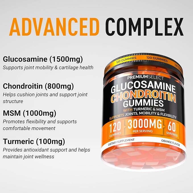 Glucosamine Chondroitin Gummies for Joint Support – 120 Glucosamine Gummies Extra Strength 3000mg with MSM, Turmeric, Calcium, Vitamin D3 – Sugar Free Vegan Adults Supplement – Flexibility & Mobility