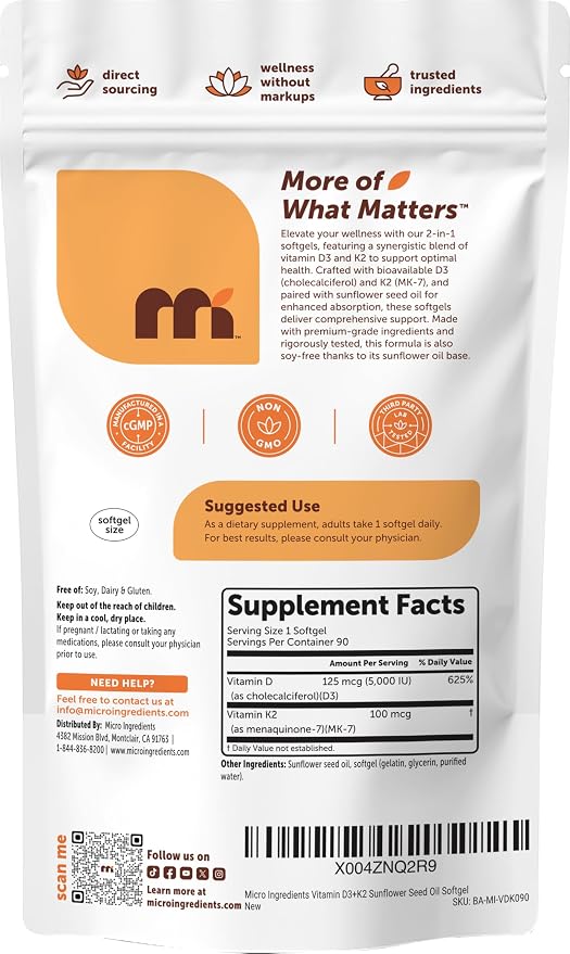 Micro Ingredients Vitamin D3 5,000 IU + K2 MK-7 100 mcg Per Serving, 90 Softgels | 2-in-1 D3 K2 Supplement | Easy-to-Swallow, Non-GMO, Gluten Free