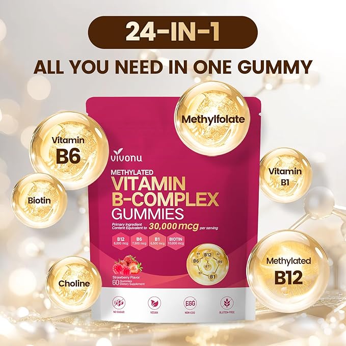 VivoNu Vitamin B Complex Gummies, 6000 mcg Methylated Vitamin B12, with B6 B1, B2, B3, B5, B7, Methylfolate, Vitamins A C D E, Vegan, Non GMO, Methylated B Complex Vitamin (3 Bag)