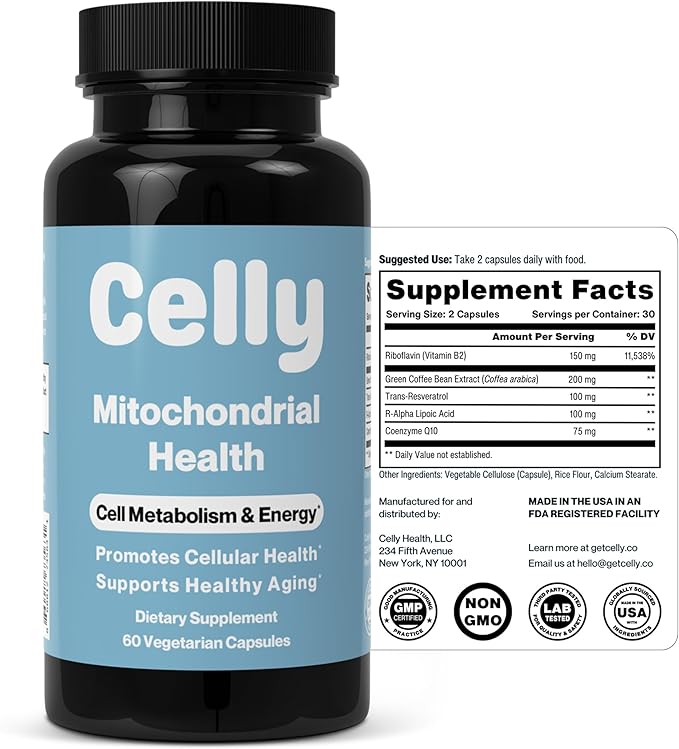 Celly Mitochondrial Health | Longevity Supplement for Cellular Nutrition and Healthy Aging | Promotes Mitochondria ATP Energy with CoQ10, Resveratrol & Green Coffee | Made in USA & 3rd Party Tested