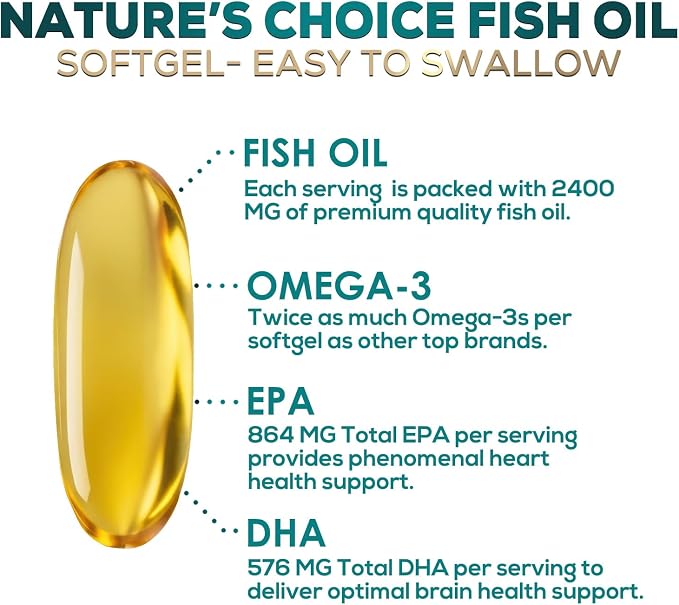 Omega 3 Fish Oil Supplements - 2400mg Fish Oil Per Serving - Triple Strength Omega-3 with Fatty Acids EPA & DHA - Natural Heart, Brain & Immune Support - Wild Caught, Bottled in USA - 60 Softgels