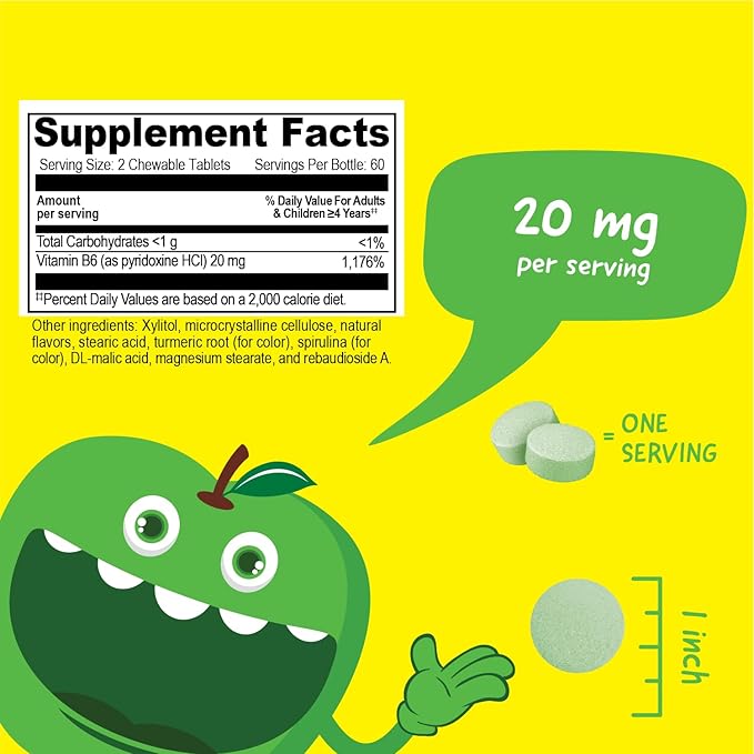 Kids Vitamin B6 Chewable Tablets - 20mg - Great Tasting Green Apple Flavor - Vegan, Non-GMO, Gluten Free, Kosher Vit B6 (Pyridoxine) - Supports Energy & Brain Function - 120 Chewable Tablets