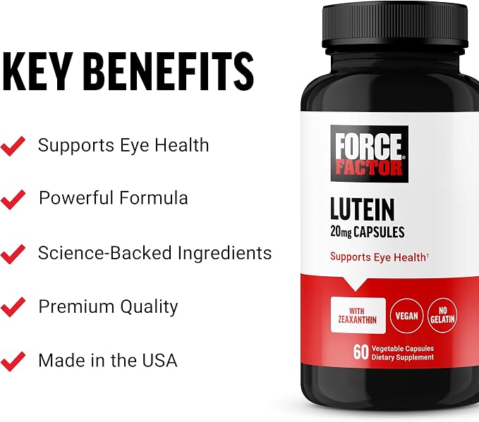 Force Factor Lutein and Zeaxanthin Supplements, Eye Vitamins with Lutein 20mg, Eye Health Supplements for Adults, Ingredients Backed by Science, Vegan, Gelatin Free, 60 Vegetable Capsules