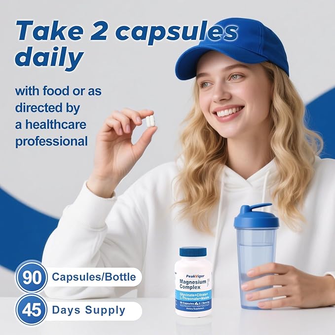 5 in 1 Magnesium Complex, 976mg Complex with Magnesium Glycinate, Citrate, Malate & L-Threonate, Vitamin B6 for High Absorption, Third Party Tested, Gluten-Free, Easy-Swallow Vegan Capsule