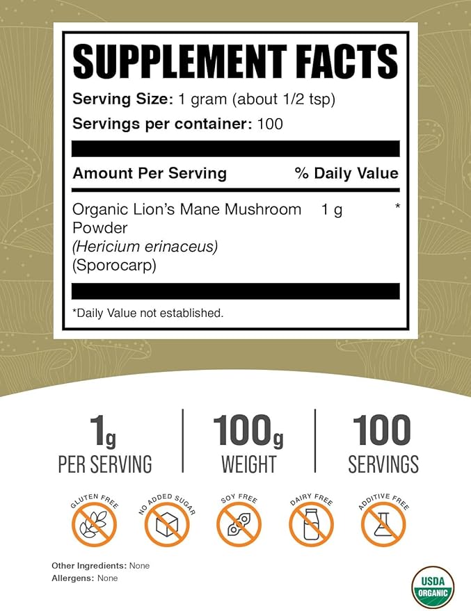 BulkSupplements.com Organic Lions Mane Mushroom Powder - Lions Mane Powder, Mushroom Supplement - Vegan & Gluten Free, 1g per Serving, 100g (3.5 oz) (Pack of 1)