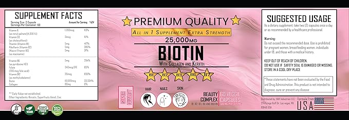 Biotin with Collagen and Keratin Complex, 25000 MG, Beauty Supplement with B Vitamins, 60 Veggie Capsules