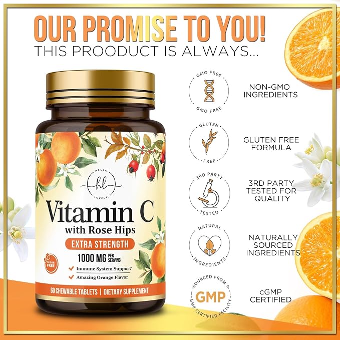 Vitamin C 1000mg Per Serving - Extra Strength with Rose Hips Bioflavonoids - Sugar Free Vitamin C Chewable Pills, Vit C Supplement for Immune Support & Antioxidant, USA Bottled - 60 Chewable Tablets