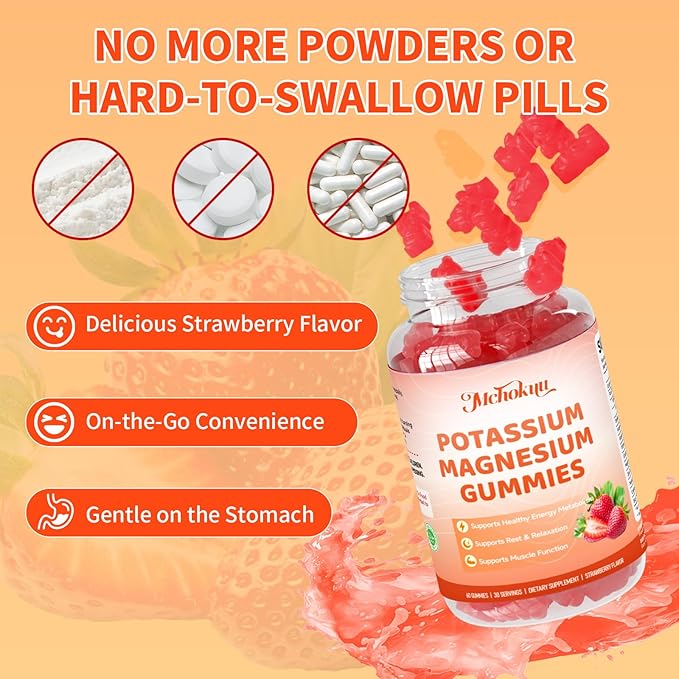 Potassium Magnesium Gummies – High Absorption Magnesium Glycinate – Magnesium Potassium Supplement Gummies with Vitamin B6, D3, B12 for Muscle Support, Sugar-Free Strawberry Flavor, 120 Count
