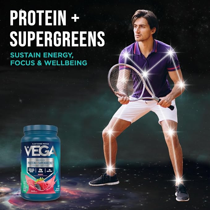 Vega Premium Protein + Supergreens, Berry – 20g Vegan Protein, Dairy & Gluten Free, 27.2 oz (26 Servings)