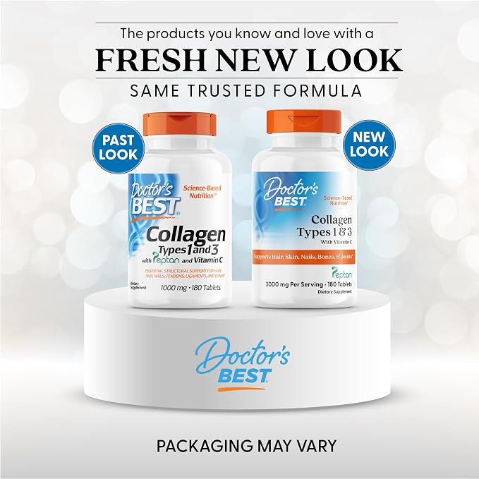 Doctor's Best Collagen Peptides Types 1 & 3 - Collagen Supplement for Women & Men, Supports Hair, Skin, Nails, & Joint Health, Includes 30 mg Vitamin C & 3 g Protein Per Serving, Non GMO - 180 Tablets