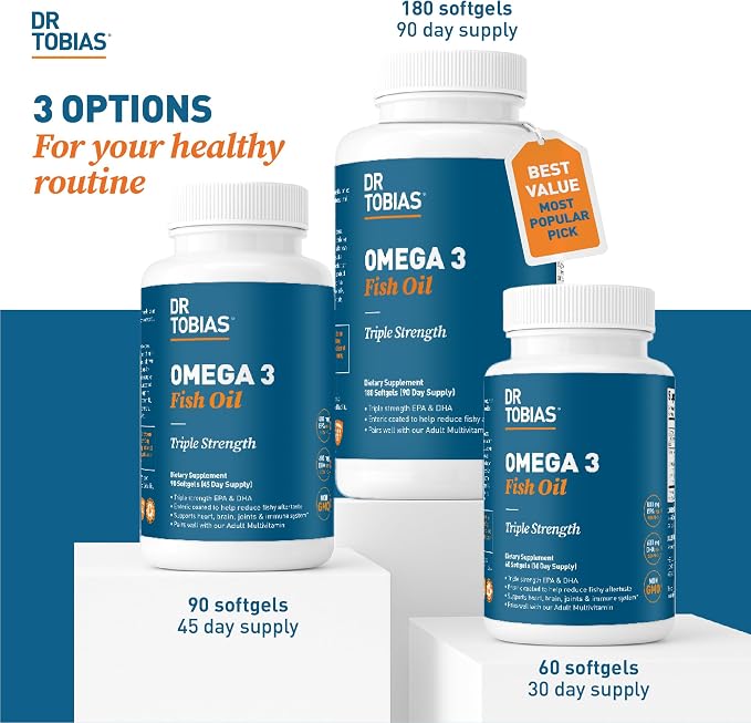 Dr. Tobias Omega 3 Fish Oil 2000mg Triple Strength with 800mg EPA 600mg DHA Per Serving | Fish Oil Omega 3 Supplements for Heart Brain & Immune Support - 180 Softgels (90 Servings)